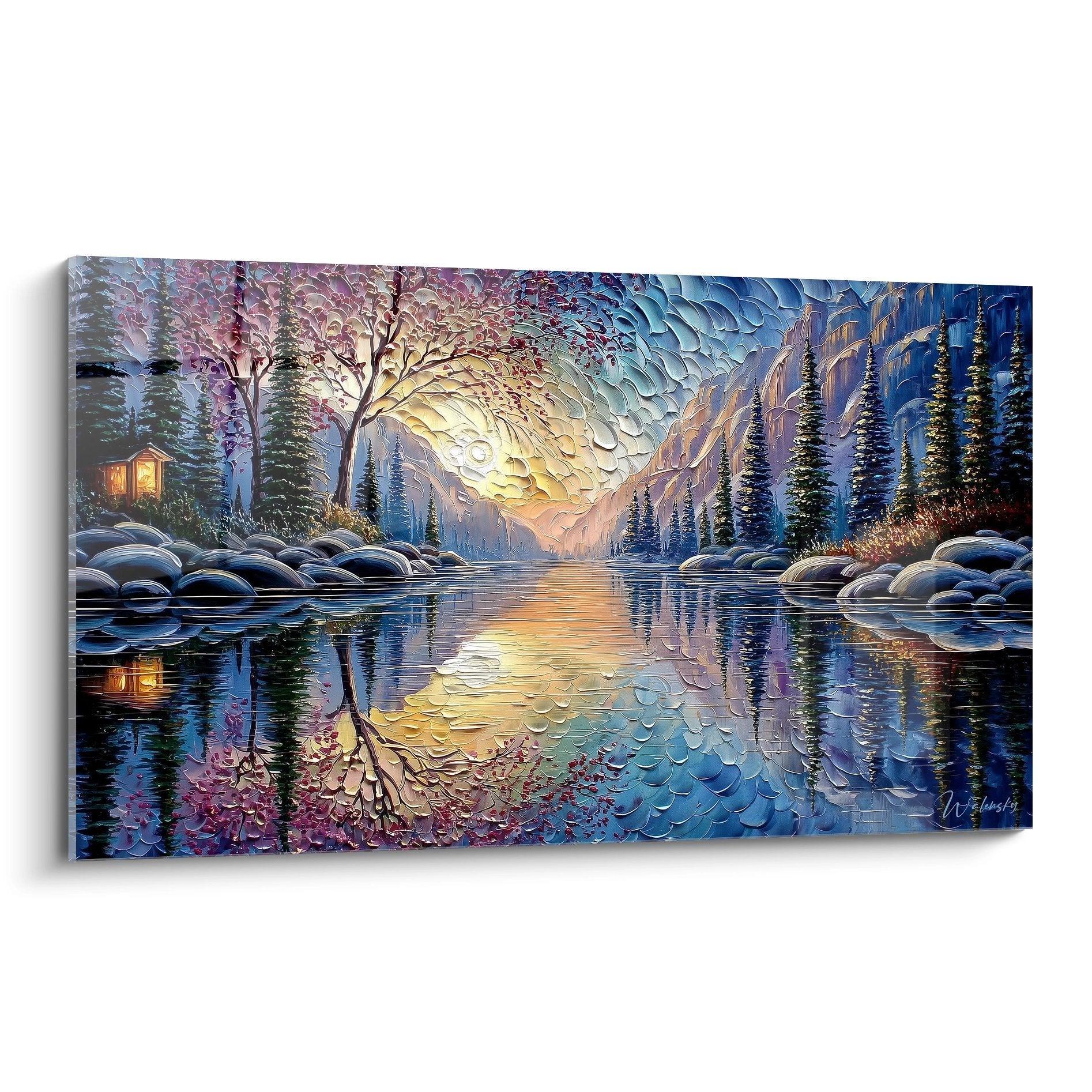 Tableau lac montagne avec reflets dorés aurore, paysage hivernal paisible, sapins neige cabane illuminée