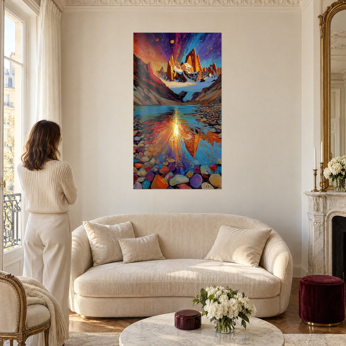 Wall art orange granite peaks overlooking a turquoise lake, golden sunlight and violet pebbles, above a sofa in a bright living room