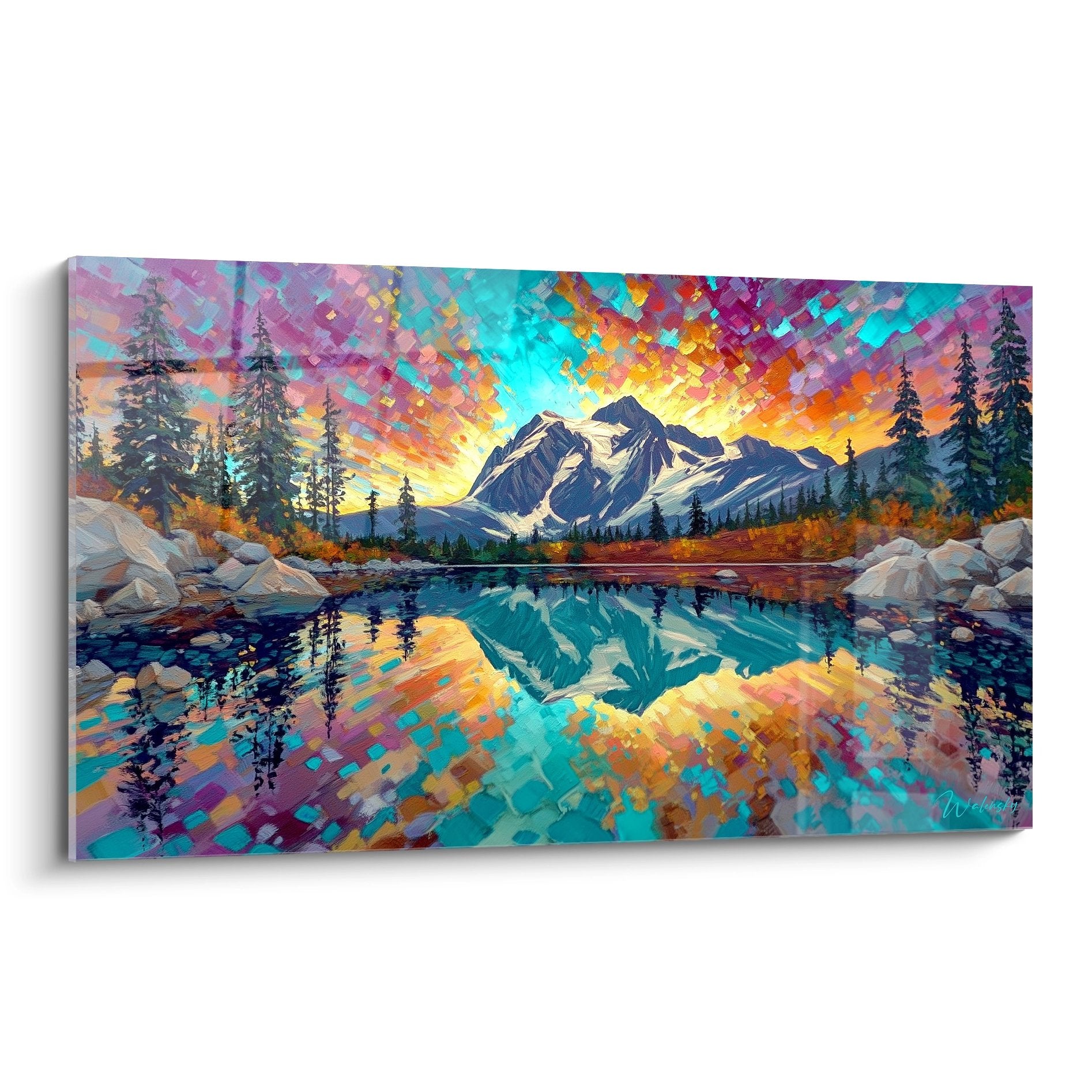 Tableau lac montagne reflets colorés paysage alpin sommets enneigés art mural déco