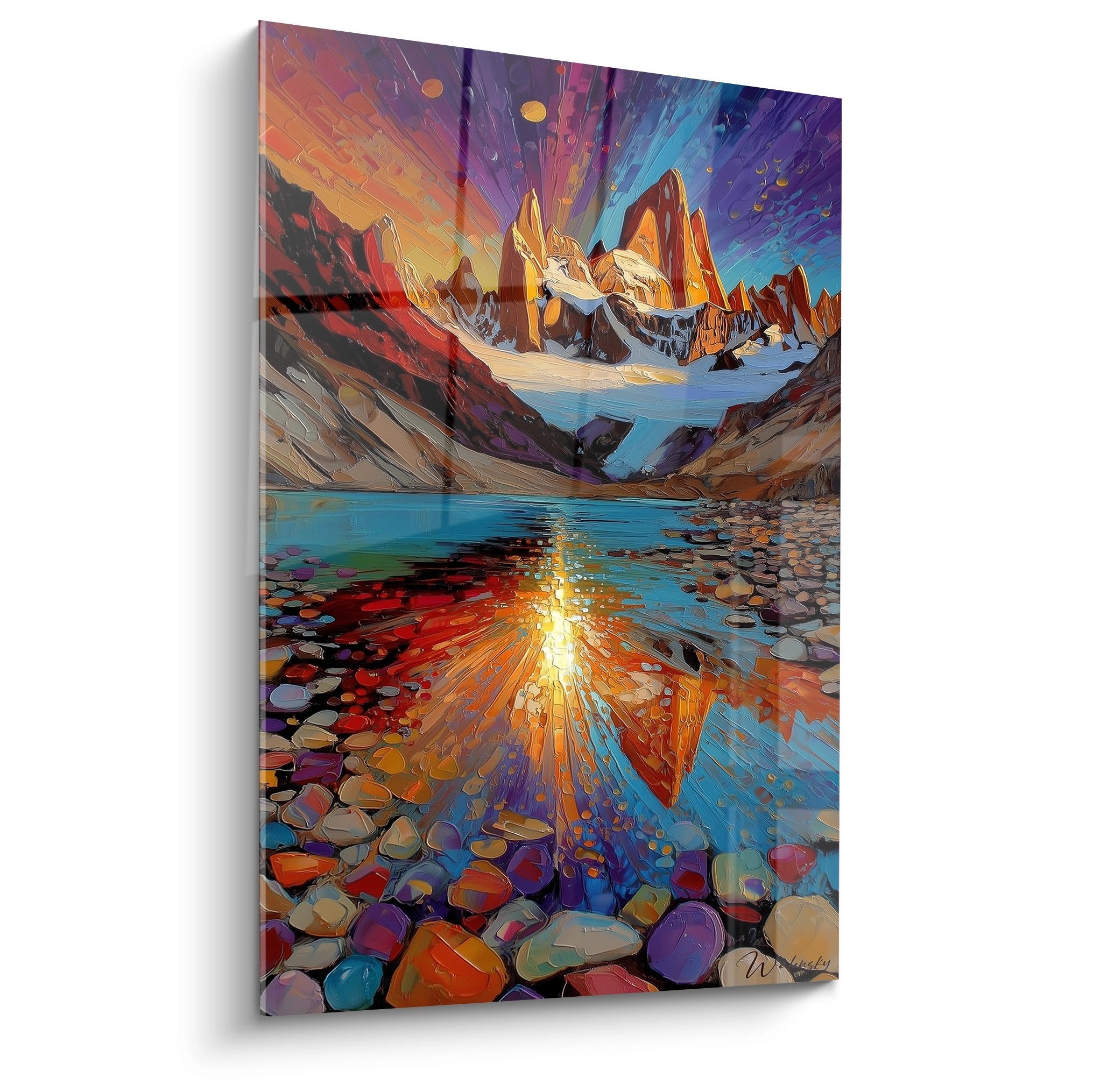 Tableau lac de montagne aux reflets colorés avec sommets dorés et galets multicolores