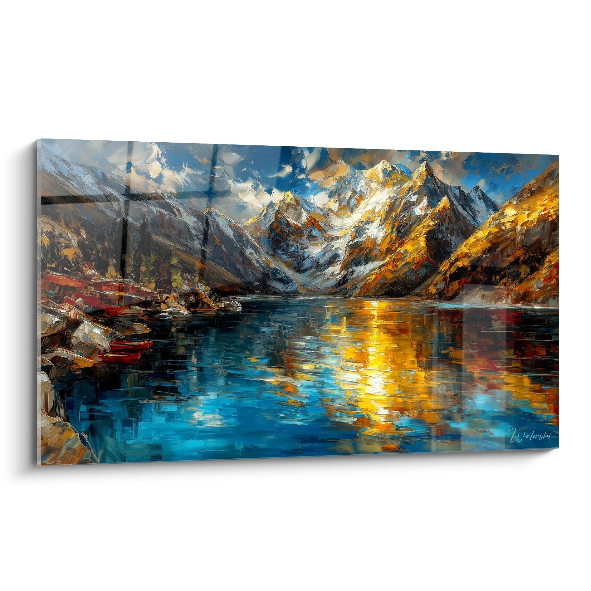 Tableau lac montagne reflets dorés - Peinture alpine aux tons chauds pour décoration murale