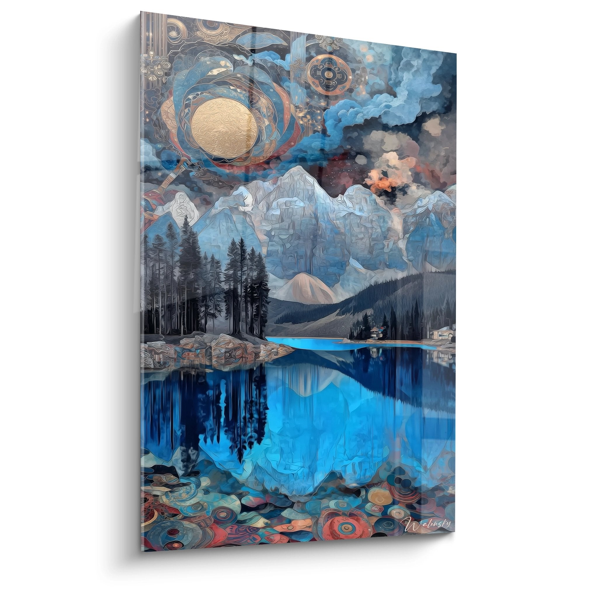 Tableau lac montagne mystique avec reflets et éléments cosmiques dorés pour décoration murale
