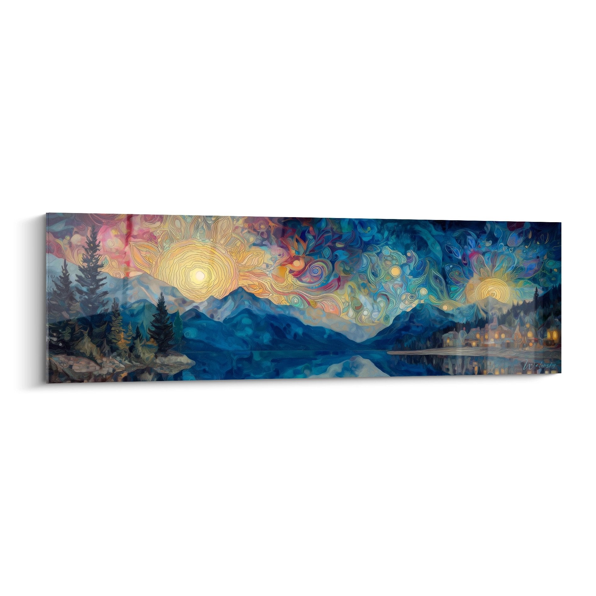 Tableau lac montagneux surréaliste avec ciel onirique aux couleurs vives, décoration murale moderne