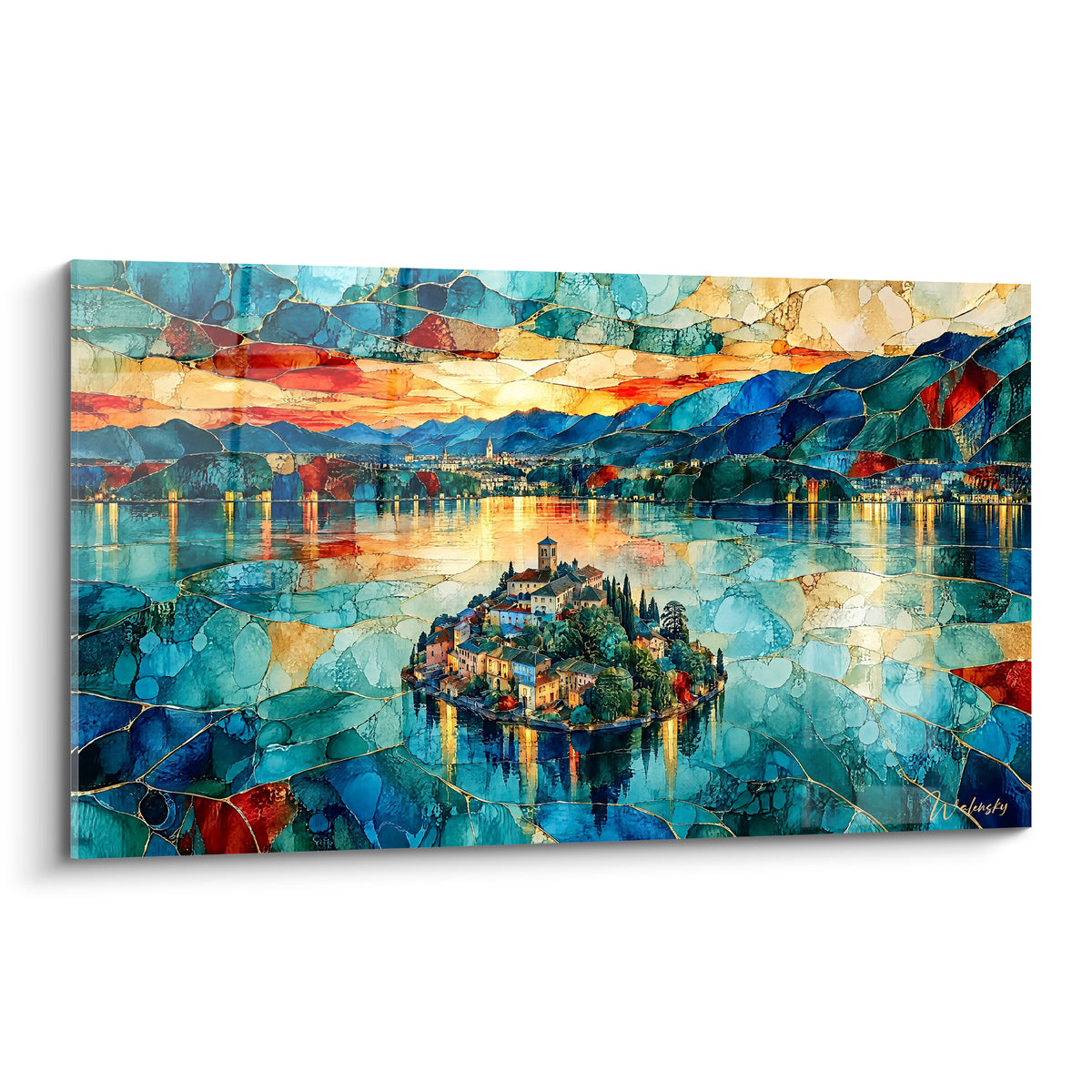 Tableau île San Giulio en vitrail turquoise, doré et rouge sur le Lac d'Orta au crépuscule
