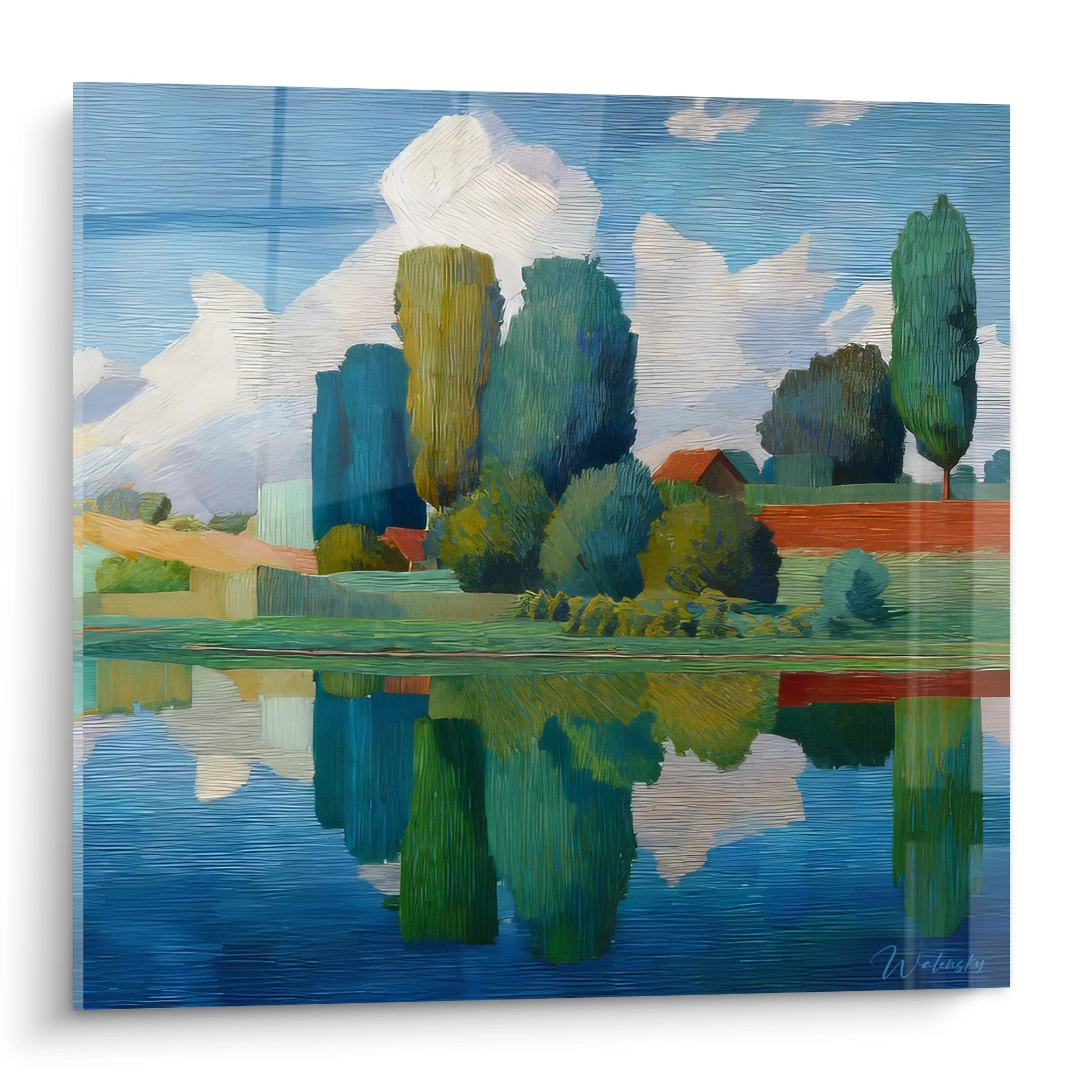 Tableau lac impressionniste avec reflets d'arbres et nuages, peinture paysage nature décorative