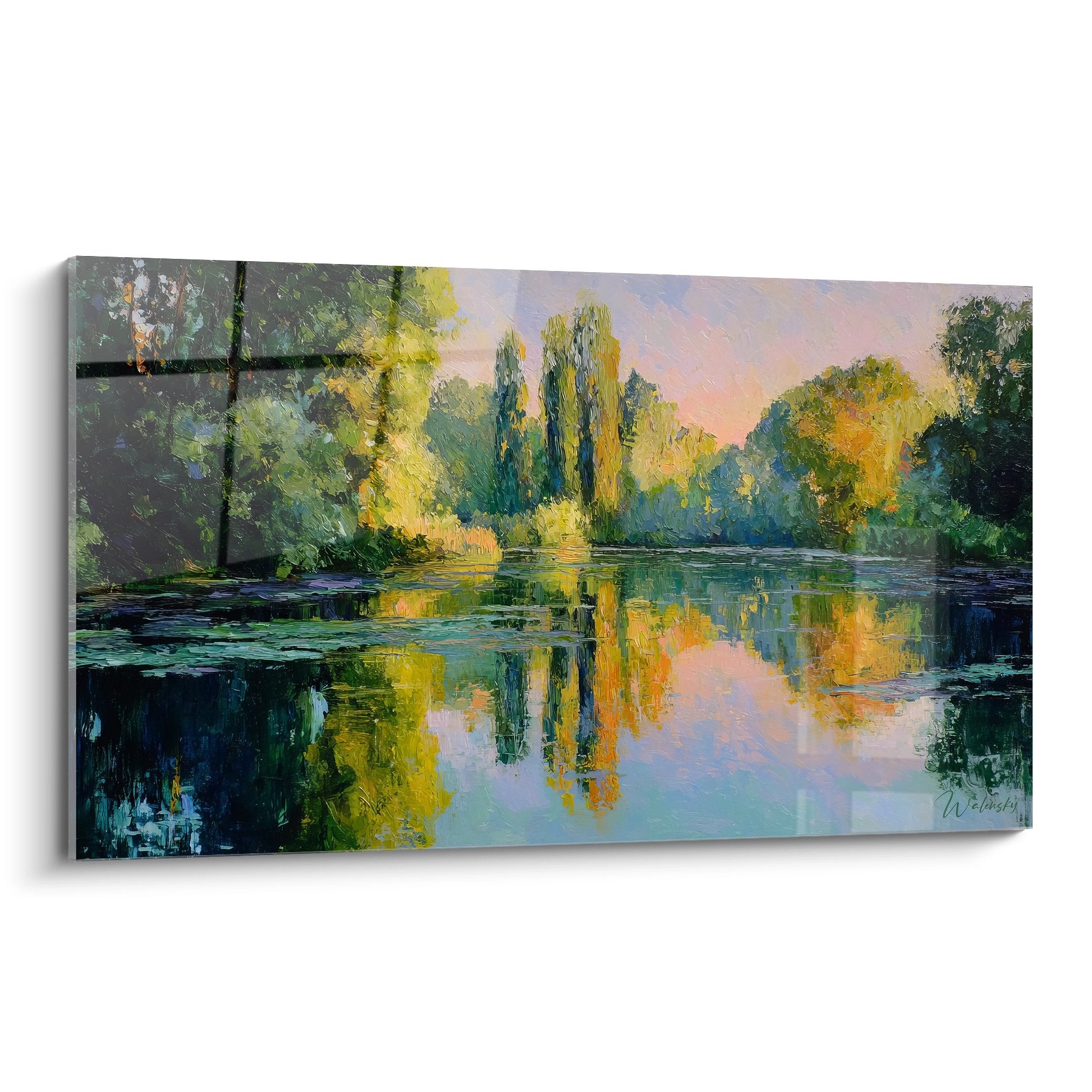 Tableau mural lac aux reflets colorés style impressionniste avec arbres et eau paisible