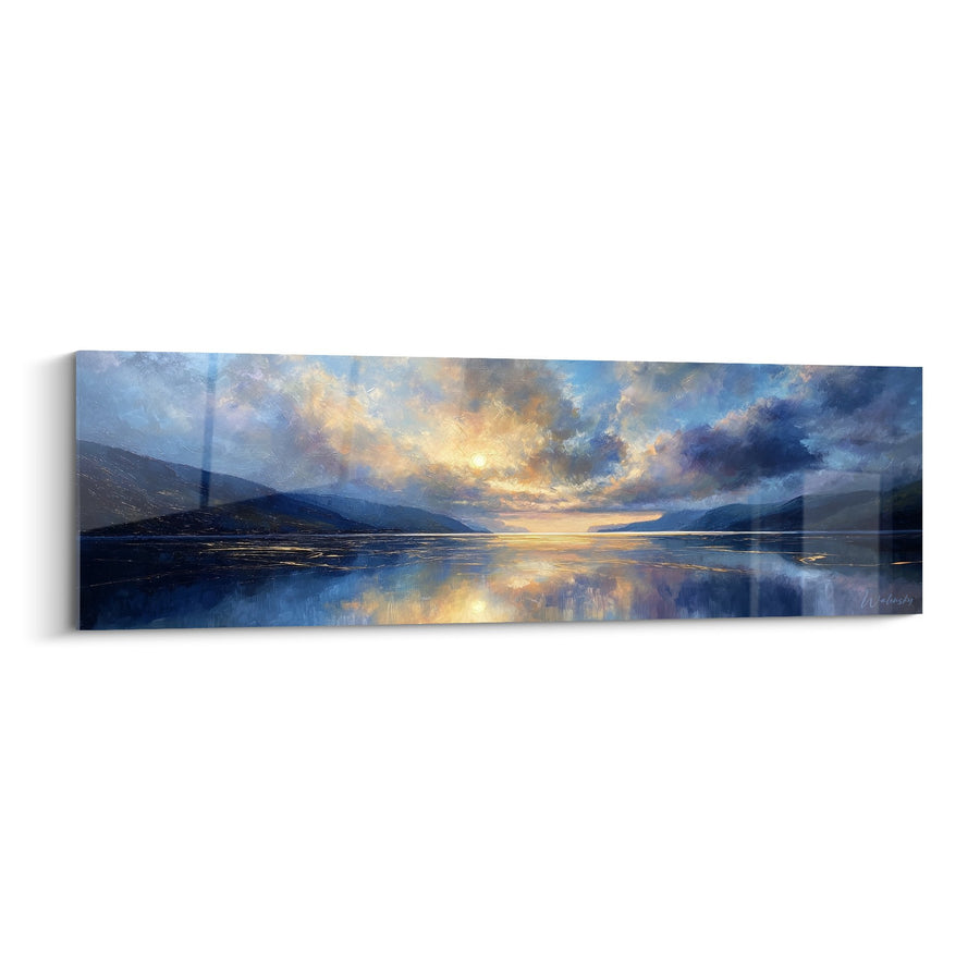 Tableau Paysage Lacustre aux Reflets Dorés et Montagnes Bleues - Sérénité Aquatique - Edition Feng shui Nord Eau