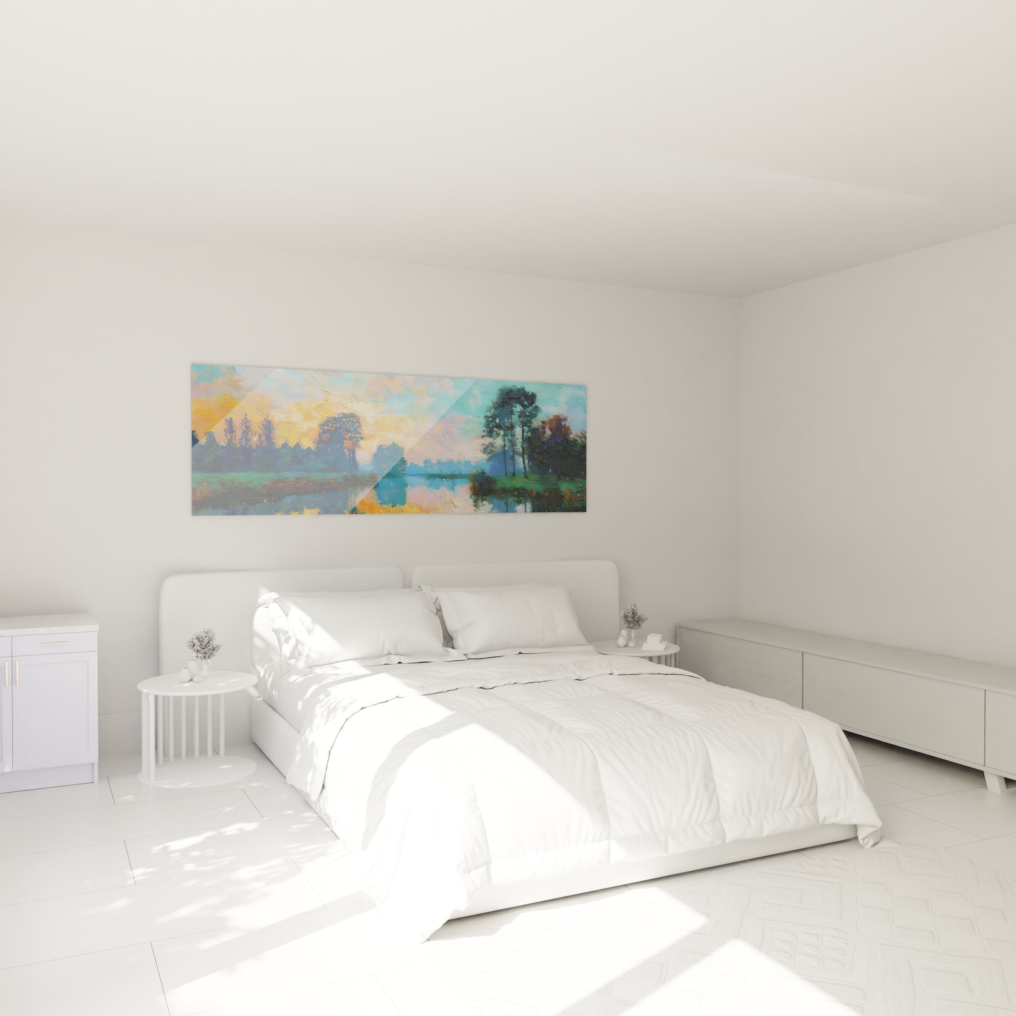 Ambiance chambre avec tableau lac romantique coucher soleil reflets dorés sur mur