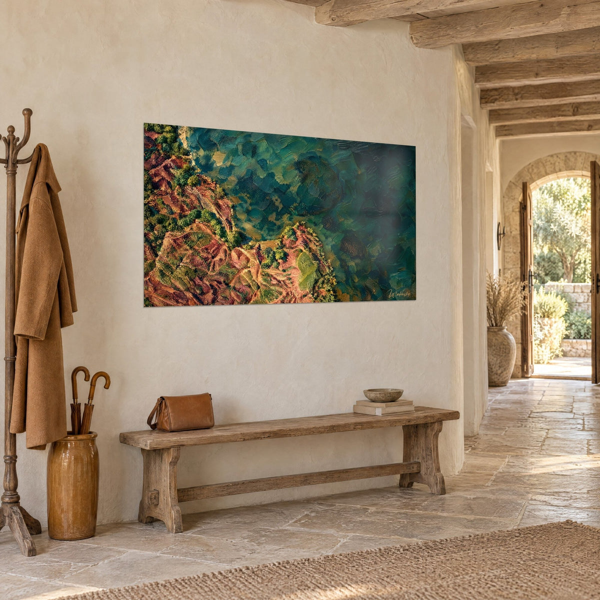 Wall art aerial red cliff covered in green shrubs, blue-green lake painted in broad brushstrokes, stone corridor