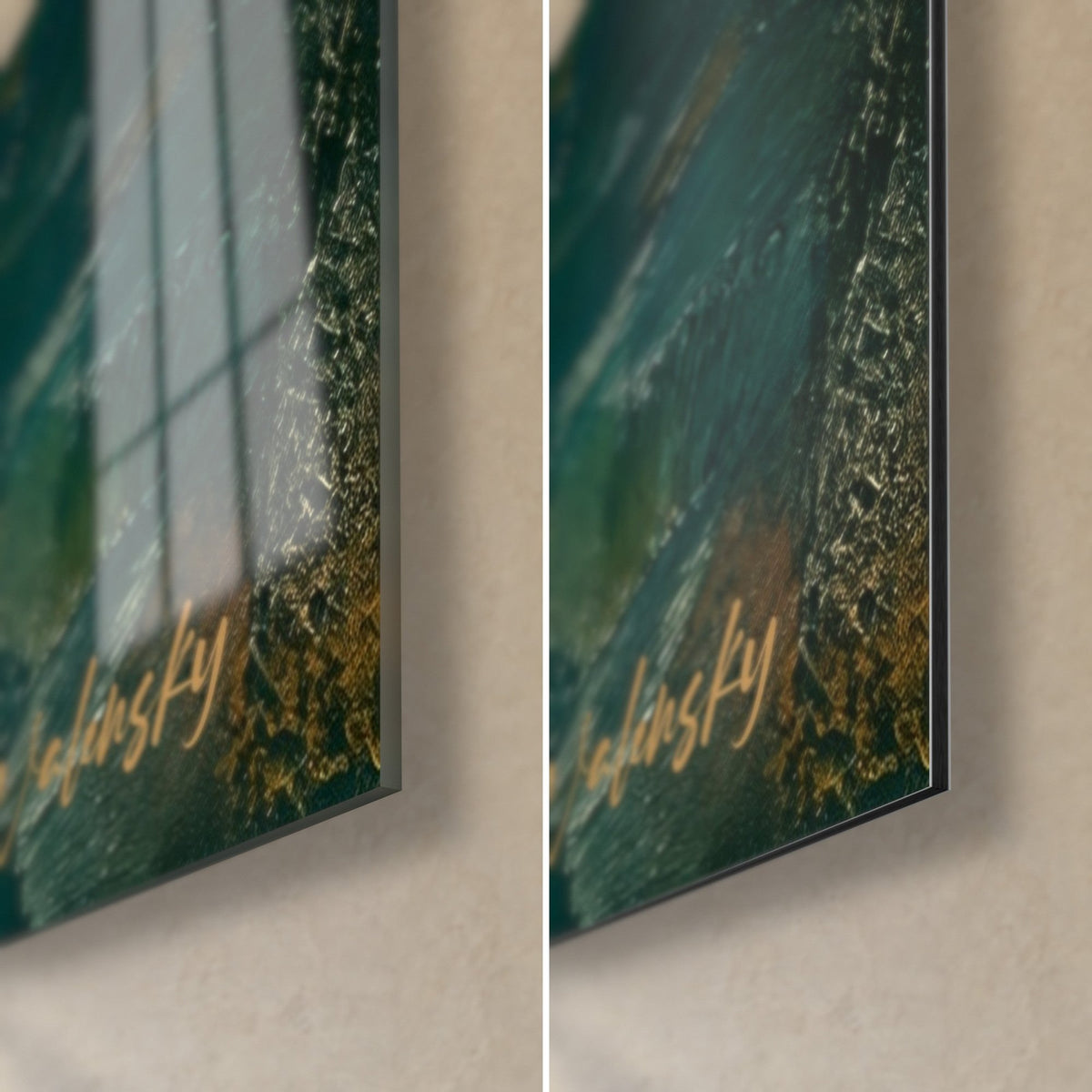 Wall art red promontory over emerald lake, bottom right corner: glossy glass on the left, matte Dibond aluminium on the right, 3 mm edge