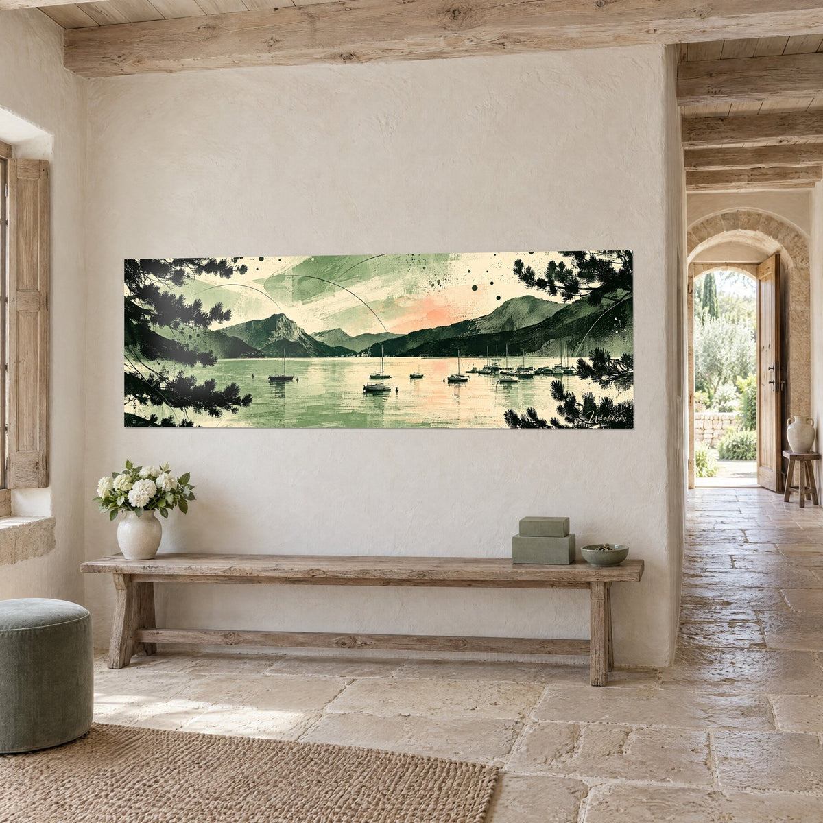 Gemälde Alpenpanorama mit grauen Bergen, mandelgrünes Wasser, lachsfarbener Himmel, Bank aus Holz und Stein, Dreiviertelansicht