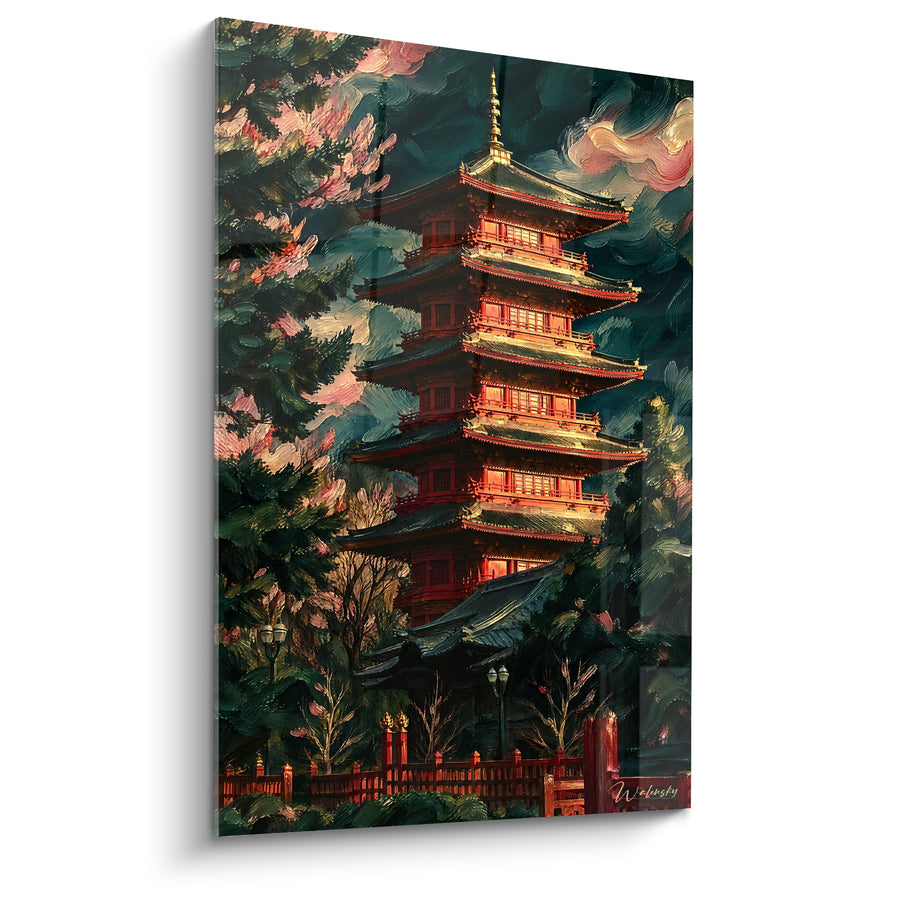 Japanese Red and Green Flowering Pagoda Painting - Heavenly Refuge - Laeken Edition Brussels-Capital Region Belgium