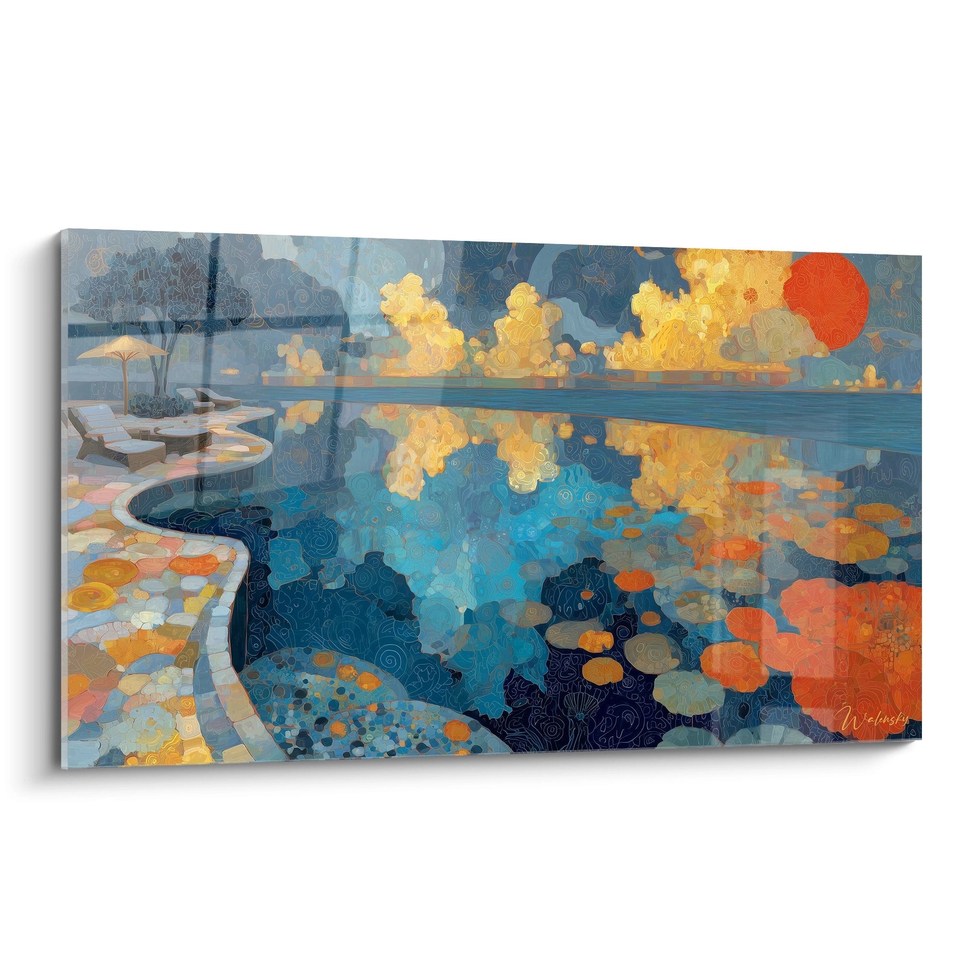 Tableau mural lagagon tropical avec piscine à débordement et coucher soleil, art contemporain îles
