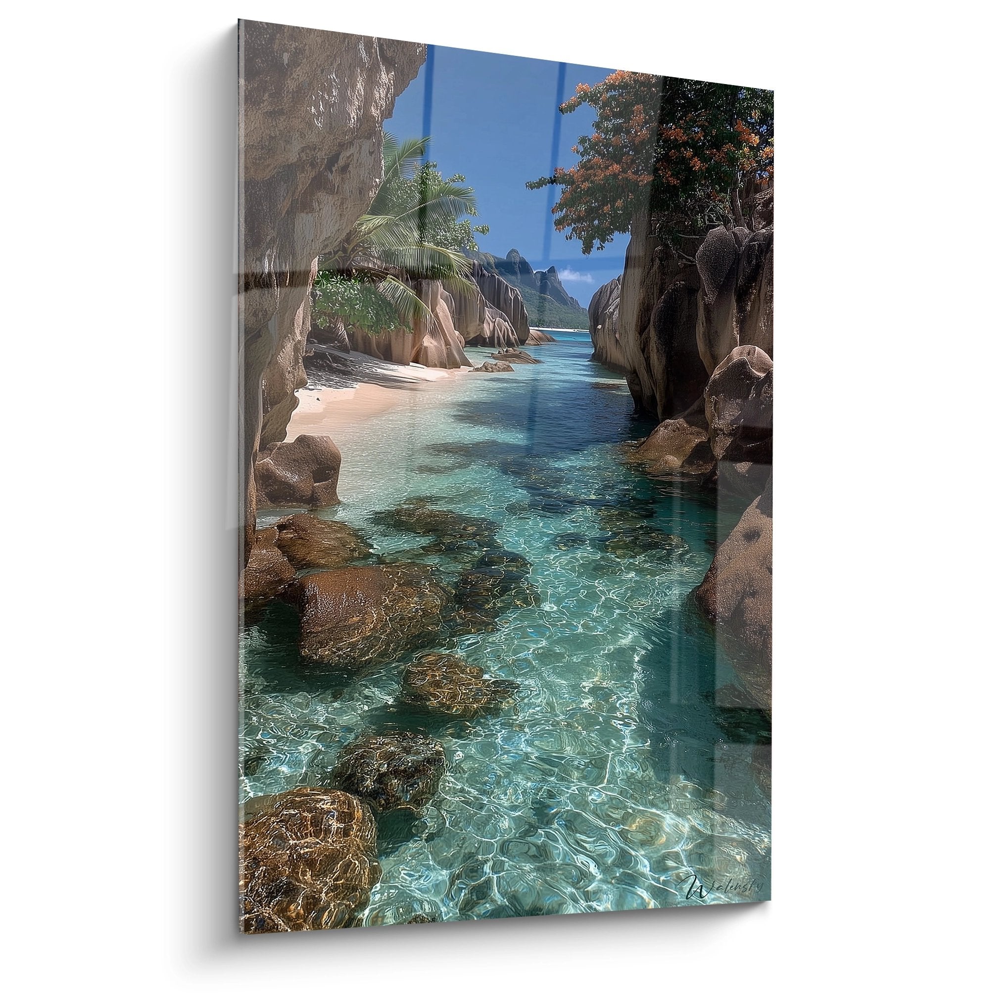 Tableau mural lagon tropical aux eaux turquoise cristallines entre rochers granitiques et palmiers