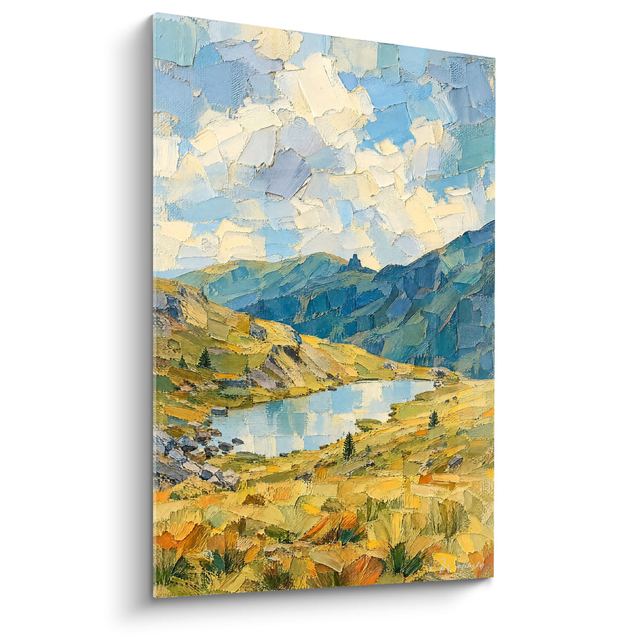 Tableau Lac sinueux doré et bleu entre collines - Nuages empâtés au couteau - Edition Lagorai Trentin-Haut-Adige Italie