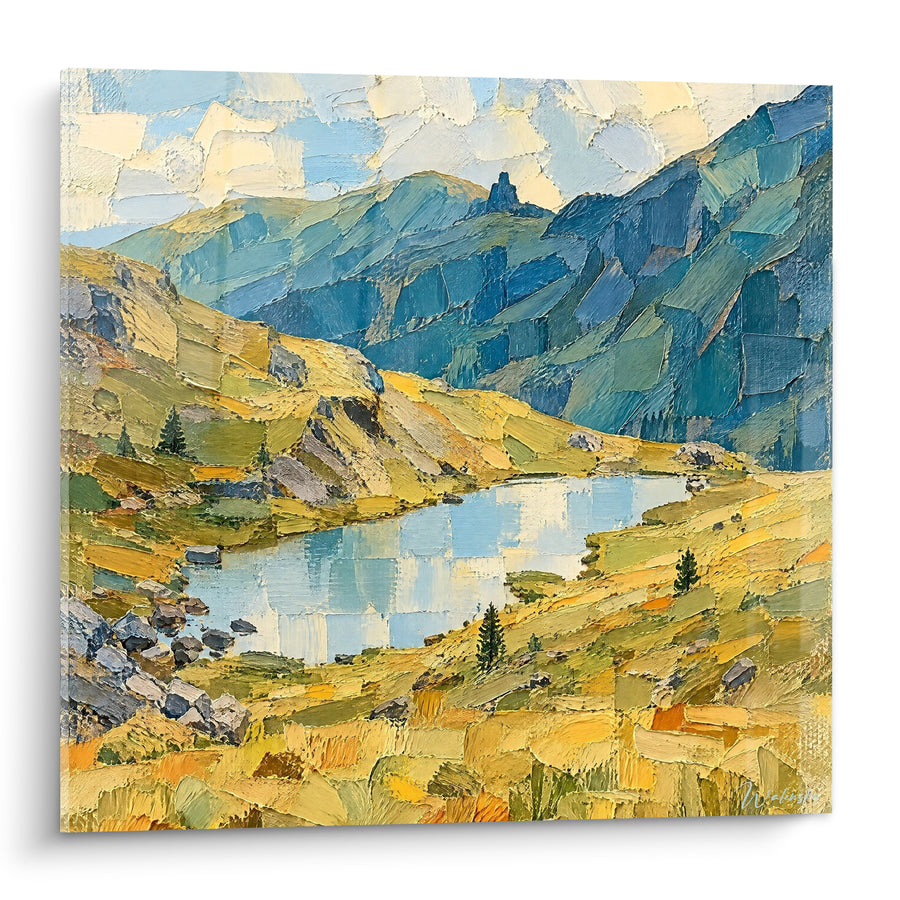 Tableau Lac alpin aux reflets ocre et bleu - Halte en altitude - Edition Lagorai Trentin-Haut-Adige Italie