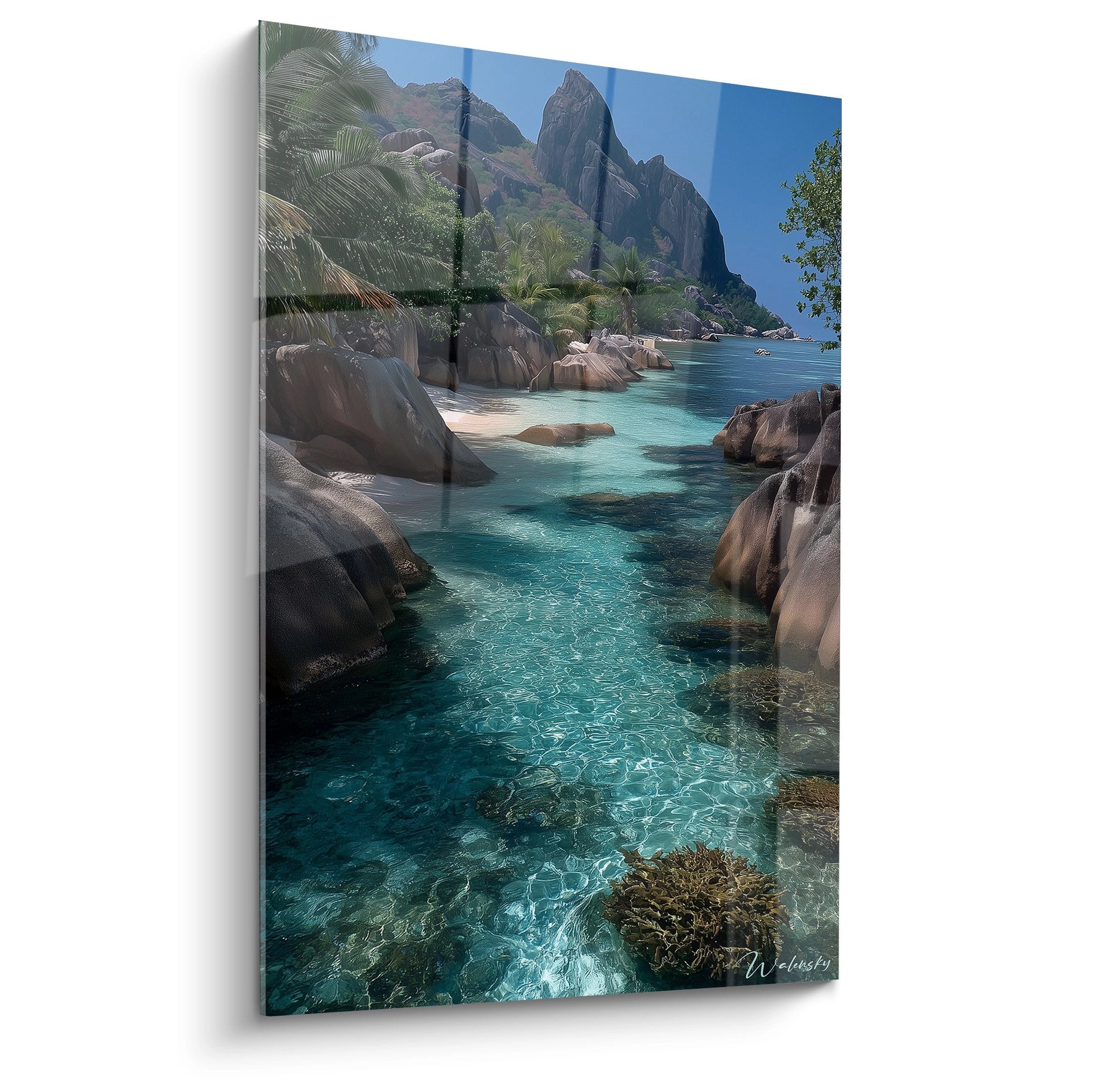 Tableau mural lagune tropicale Seychelles eaux turquoise rochers granite palmiers décoration plage