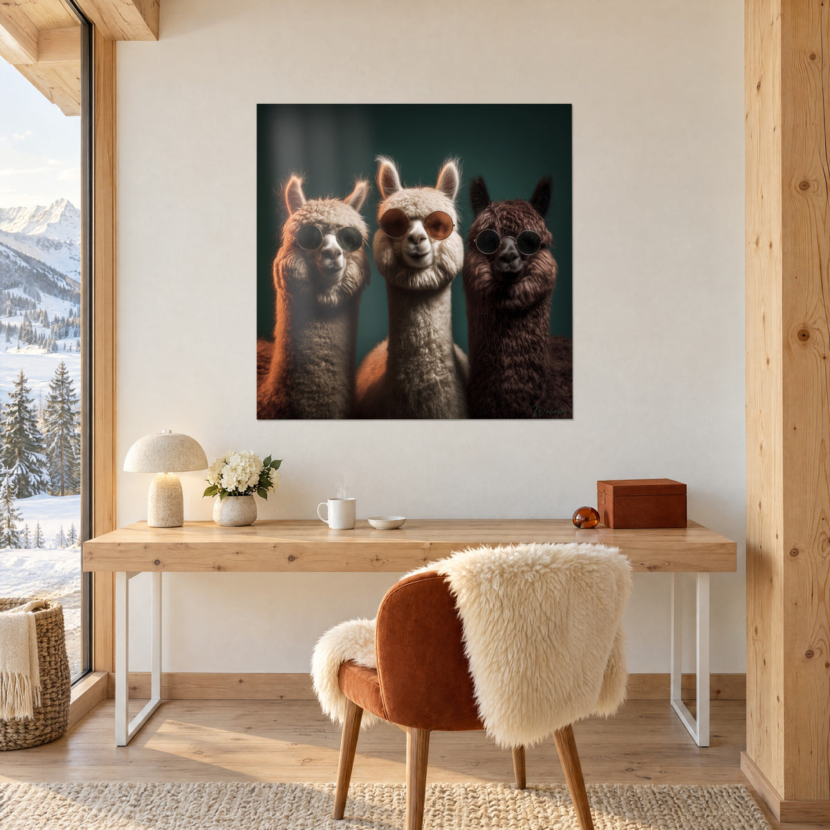 Gemälde Porträt von drei Alpakas mit runden Brillen, cremefarbene und braune Wolle, Hintergrund in Blaugrün, an der Wand eines Büros aus hellem Holz