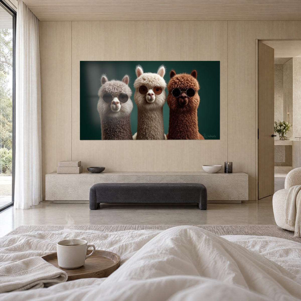 Cuadro alpacas molonas con montura dorada, hocicos rosas y lana blanca, beige y marrón sobre fondo verde, encima de una cama en un dormitorio luminoso