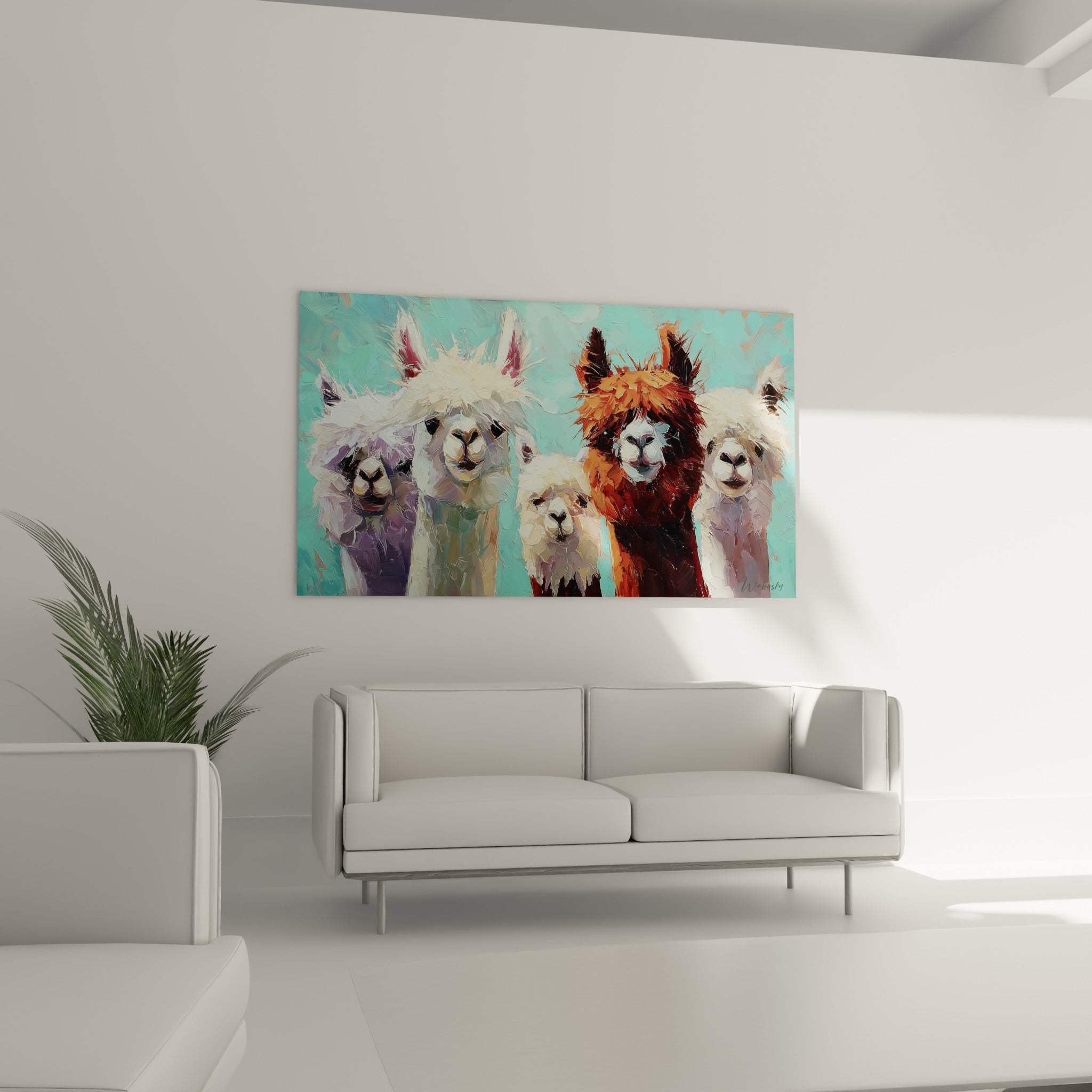 Groupe de lamas anthracite et crème au-dessus d'un canapé dans un salon lumineux, regards fixes.