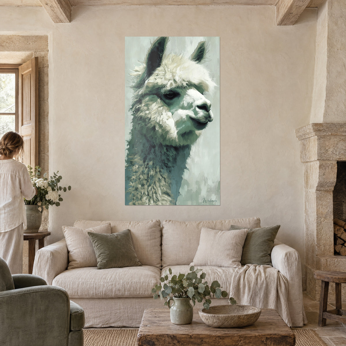 Wall art alpaca with creamy wool and sage green shadows, soft gaze in profile, hung above a sofa in a bright living room