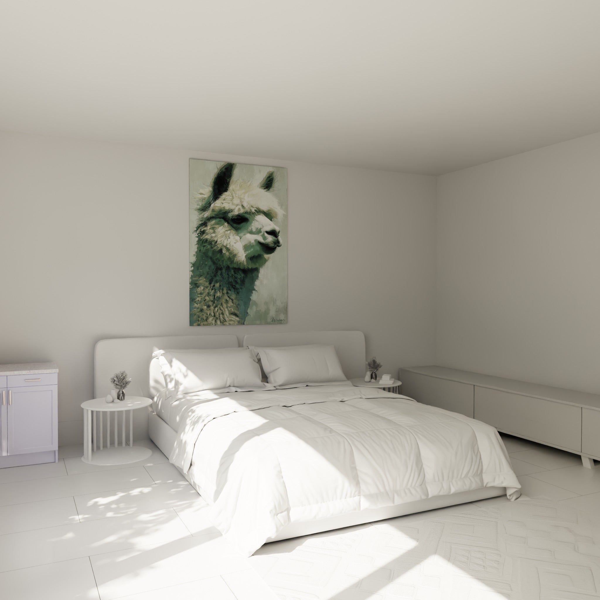 Portrait de lama vert anthracite et blanc au-dessus d'un lit dans une chambre claire