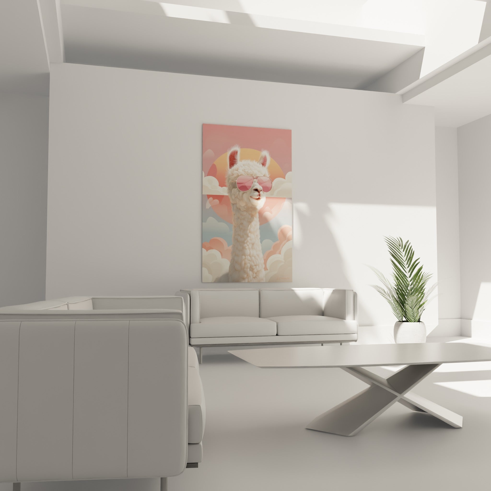 Portrait stylisé d'un lama aux tons blancs et roses au-dessus d'un canapé dans un salon lumineux