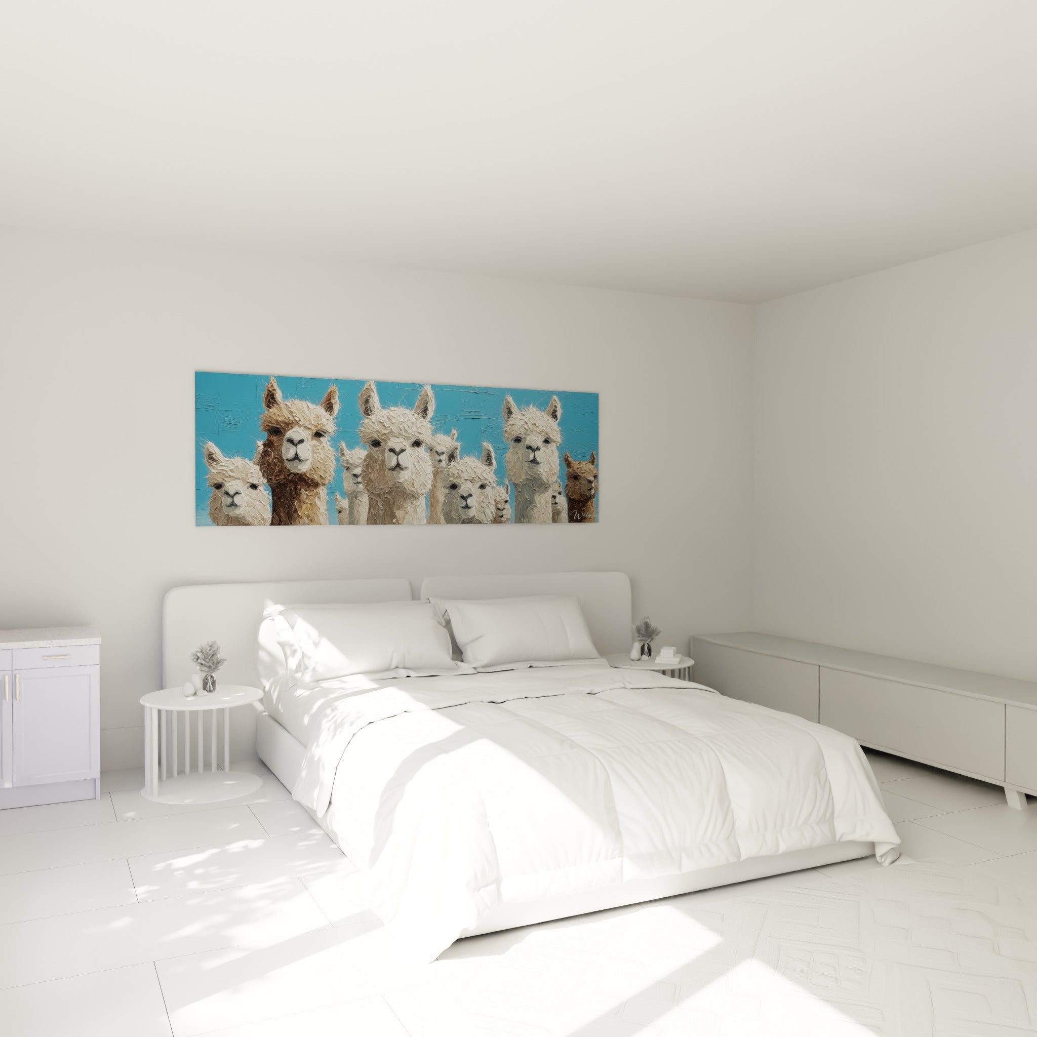 Troupeau de lamas beige et bleu accroché au-dessus d'un lit dans une chambre claire