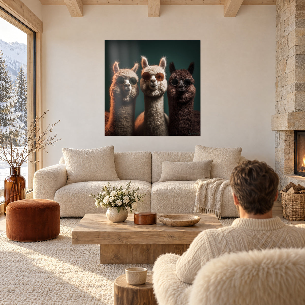 Gemälde Trio aus Lamas mit runden Brillen, beige und braune Wolle vor tannengrünem Hintergrund, über einem Sofa in einem hellen Wohnzimmer