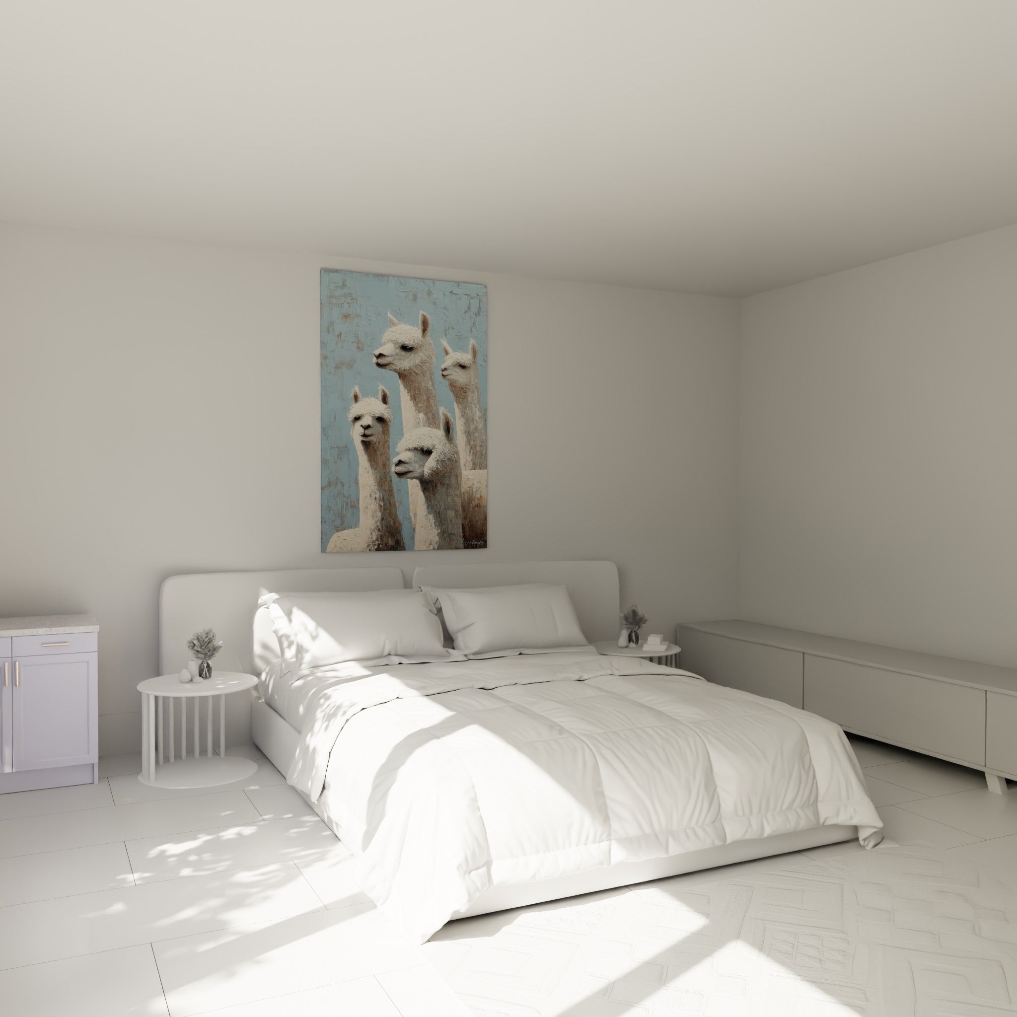Lamas beige et blanc peints au couteau, accrochés au-dessus d'un lit dans une chambre claire