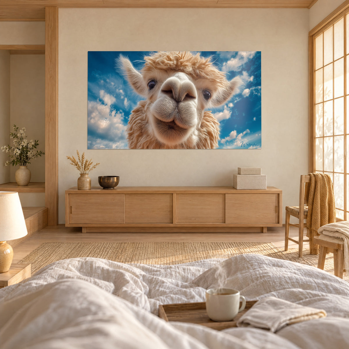 Wall art fluffy sand-coloured camelid, curious gaze, white clouds on vivid blue, above a bed in a light bedroom