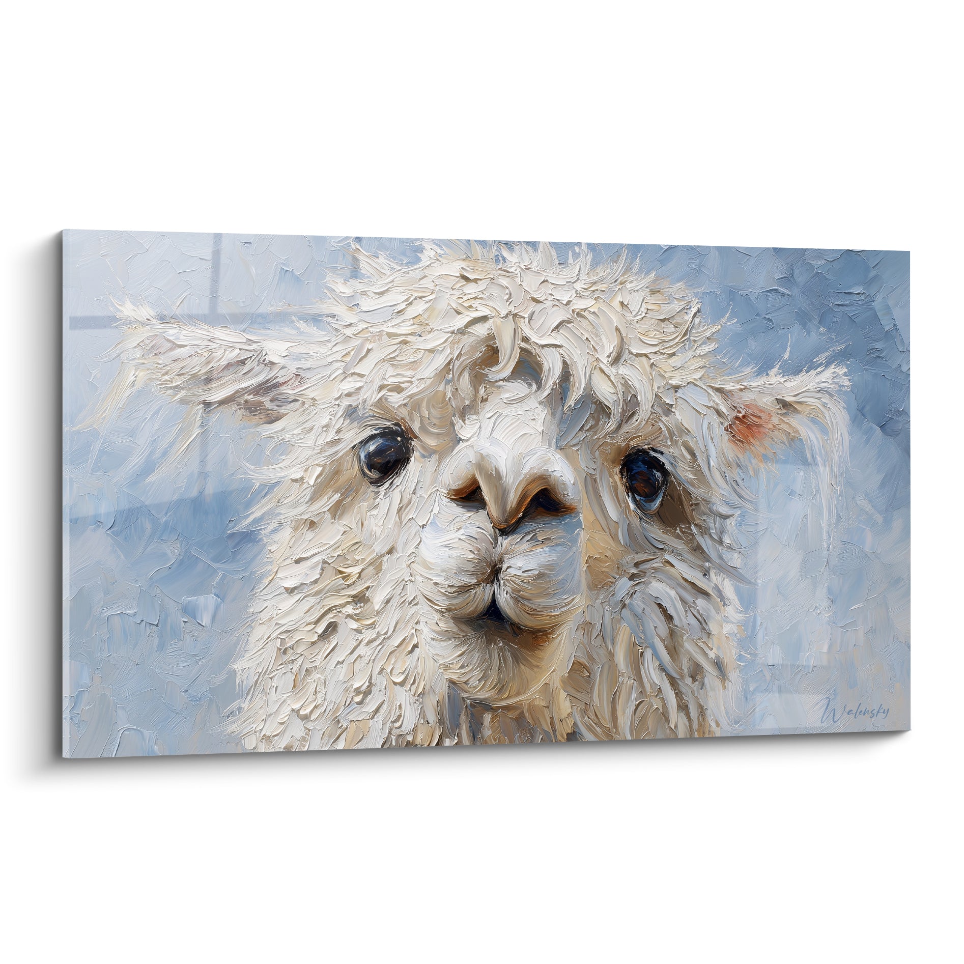 Lama blanc au pelage texturé et regard doux, fond bleu pastel, technique au couteau