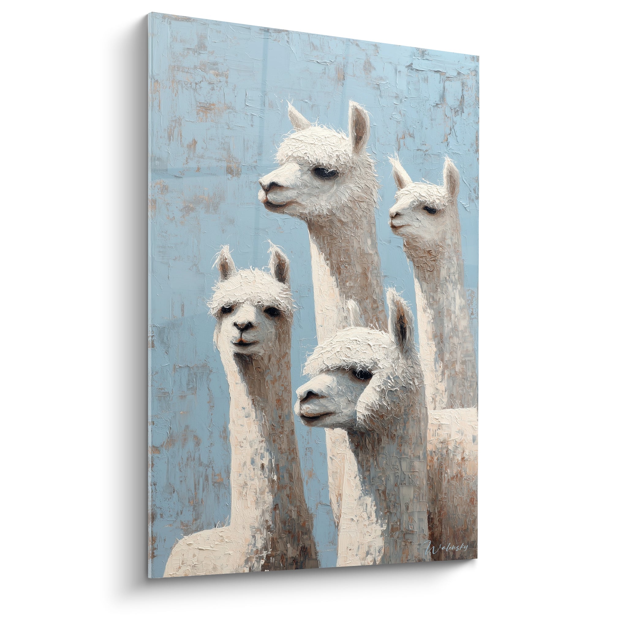 Quatre lamas blancs et beiges se dressent sur un fond bleu poudré texturé au couteau