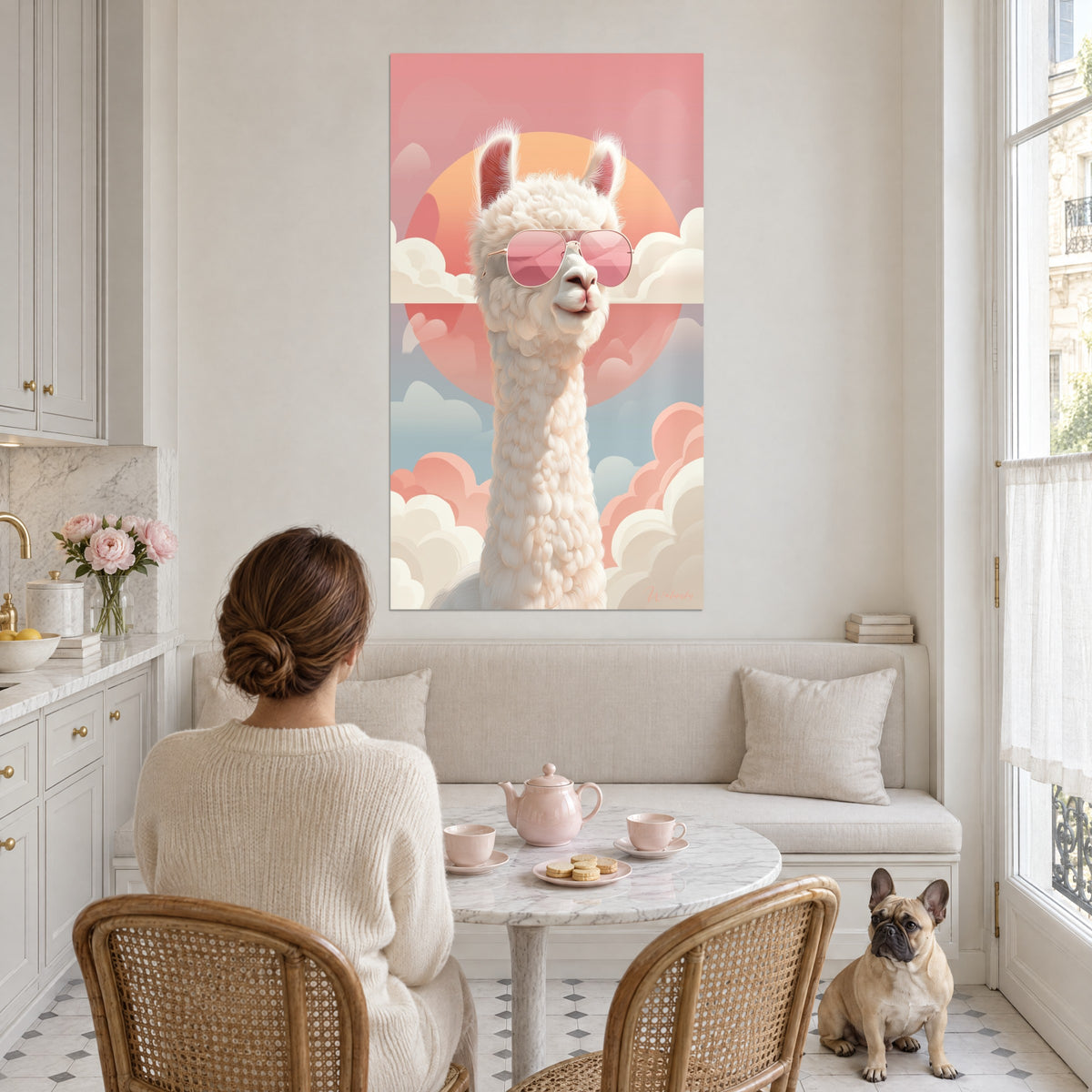 Tableau alpaga coiffé de lunettes de soleil roses, laine blanche et ciel pastel saumon et bleu, salon haussmannien et petit bulldog