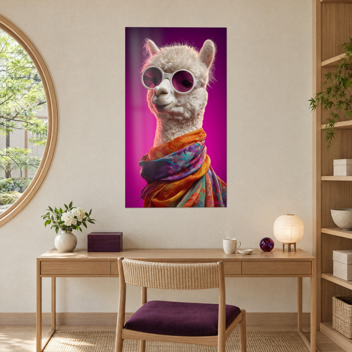 Schilderij wit kameelachtig dier met purperrode ronde bril, veelkleurige sjaal, magenta achtergrond, beige muur van een kantoor in licht hout