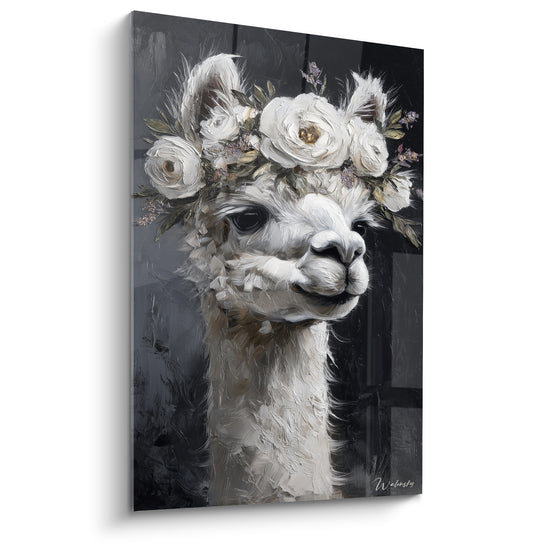 Lama blanc à couronne florale, yeux noirs profonds, fond anthracite texturé à l'huile