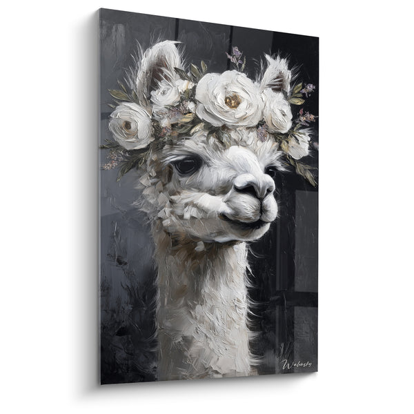 Tableau Lama blanc et noir couronne de roses ivoire - Fond sombre texturé - Edition Lama