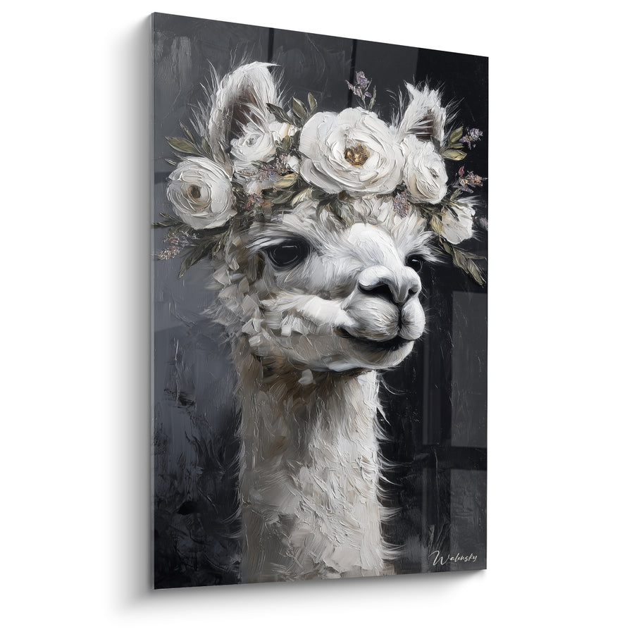 Tableau Lama blanc et noir couronne de roses ivoire - Fond sombre texturé - Edition Lama