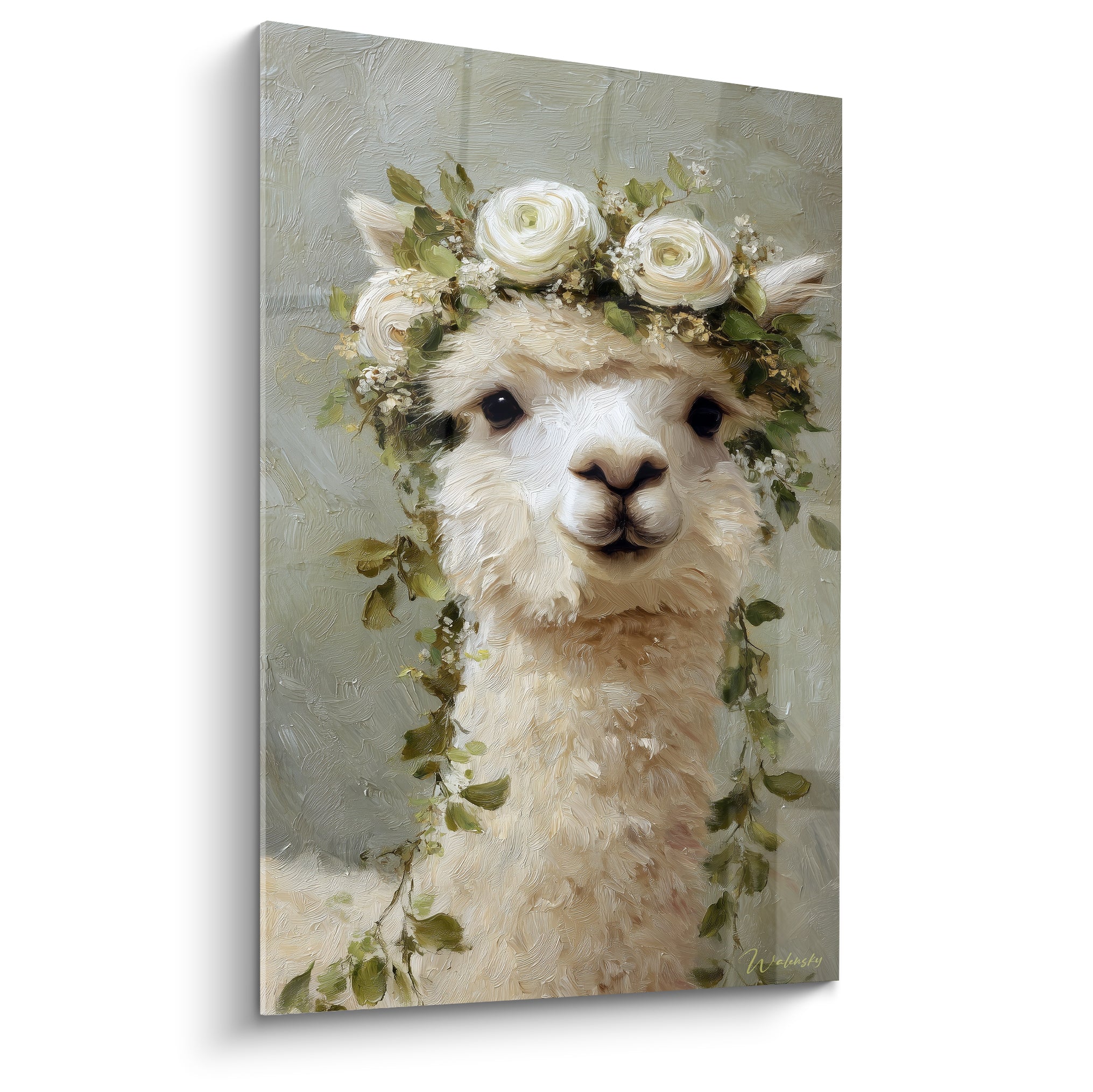 Lama blanc à couronne de roses ivoire et feuillage vert, portrait peint à l'huile