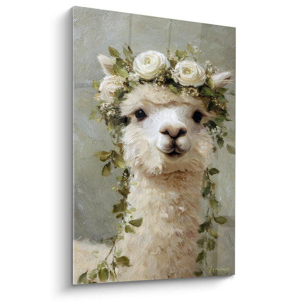 Tableau Lama blanc couronne de roses vertes - Couronne champêtre - Edition Lama