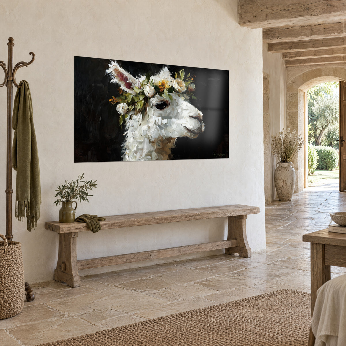Wall art alpaca with a pearly coat of brushstrokes, crown of orange and green flowers, on a cream stone wall, country house