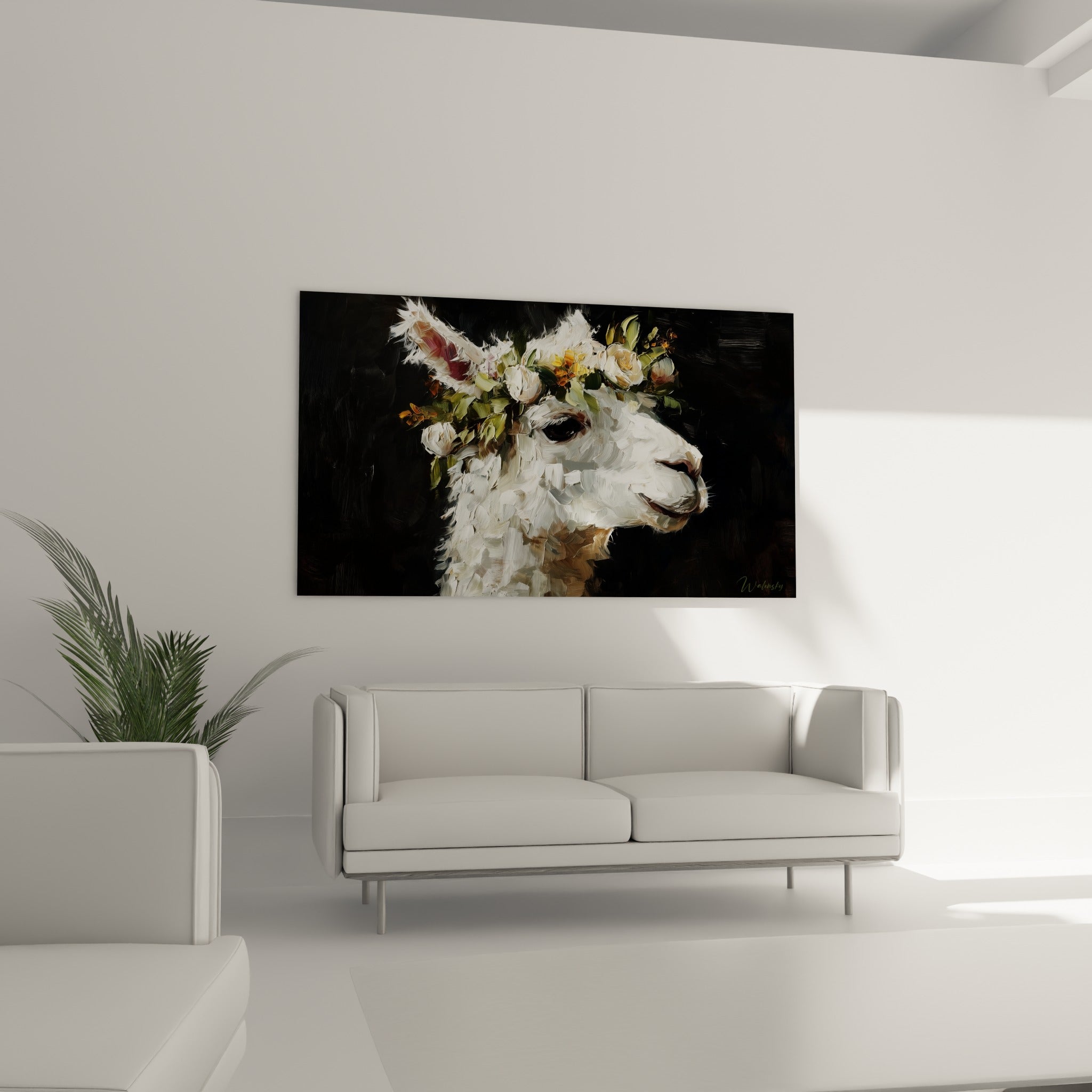 Tête de lama couronnée de fleurs blanches et jaunes, suspendue au-dessus d'un canapé dans un salon lumineux