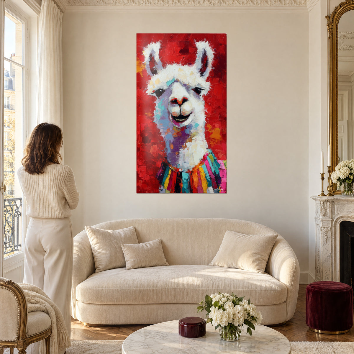 Cuadro de llama con vellón blanco y sonrisa radiante, fondo rojo vivo, bufanda de rayas, mujer de espaldas, encima de un sofá en un salón luminoso