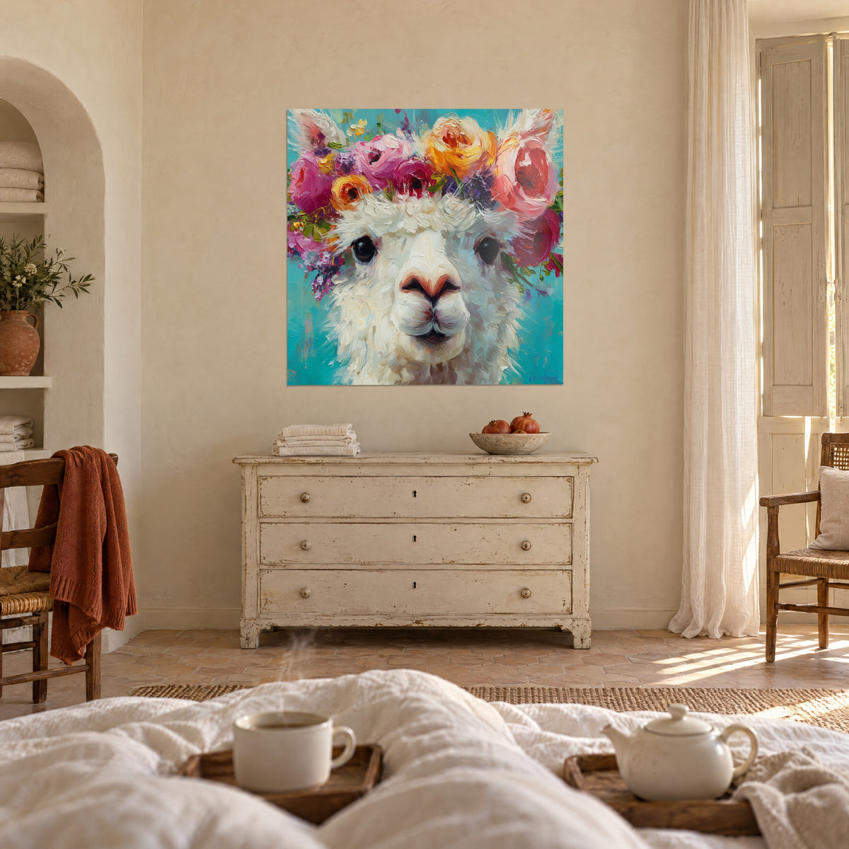 Quadro camelide soffice incoronato di rose corallo e viola, sfondo blu-verde, sopra un letto in una camera luminosa