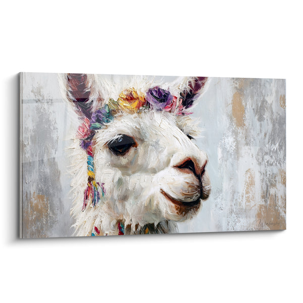 Tableau Lama blanc et gris licol tressé multicolore - Pompons en frange - Edition Lama