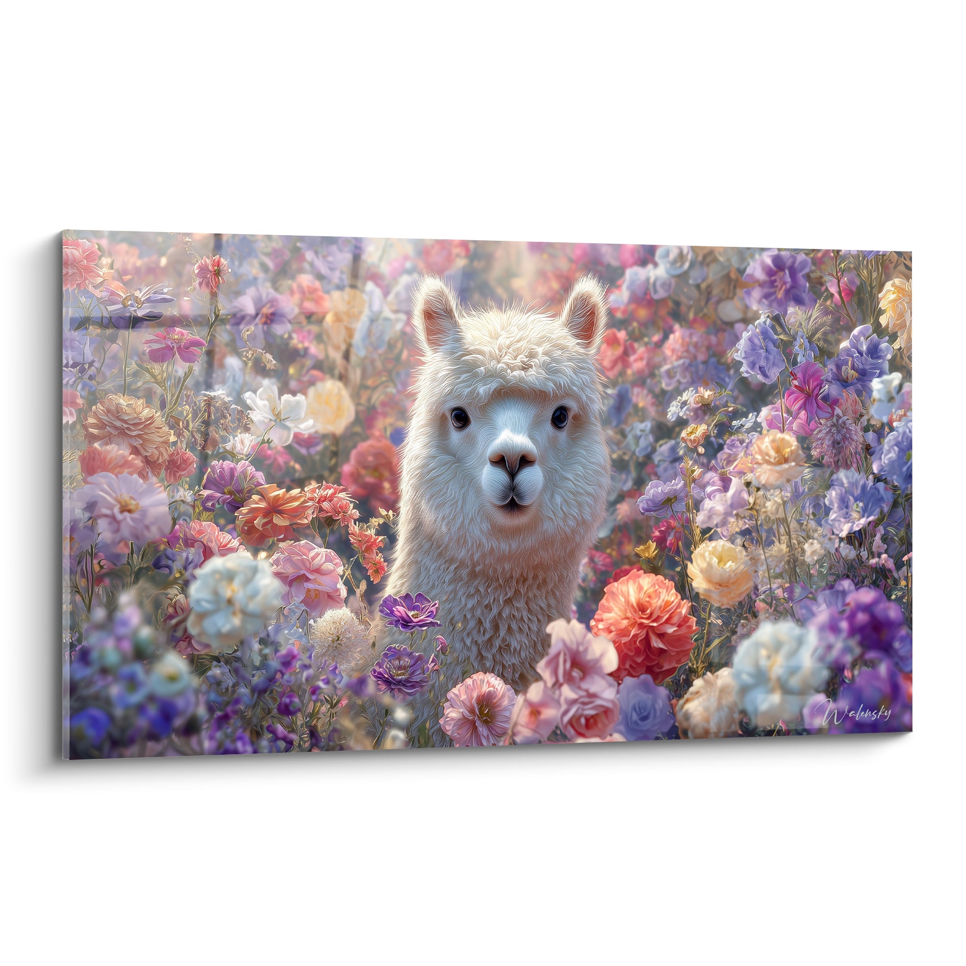 Lama blanc au regard doux entouré de roses corail et clématites violettes en pleine floraison