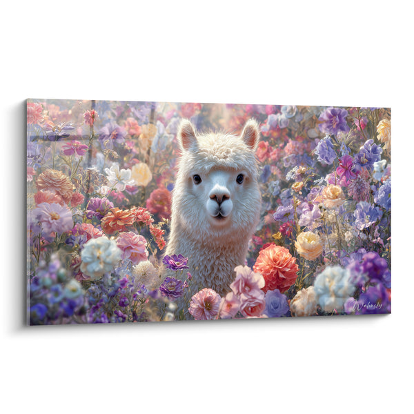 Tableau Lama blanc parmi fleurs roses et violettes - Surprise fleurie - Edition Lama