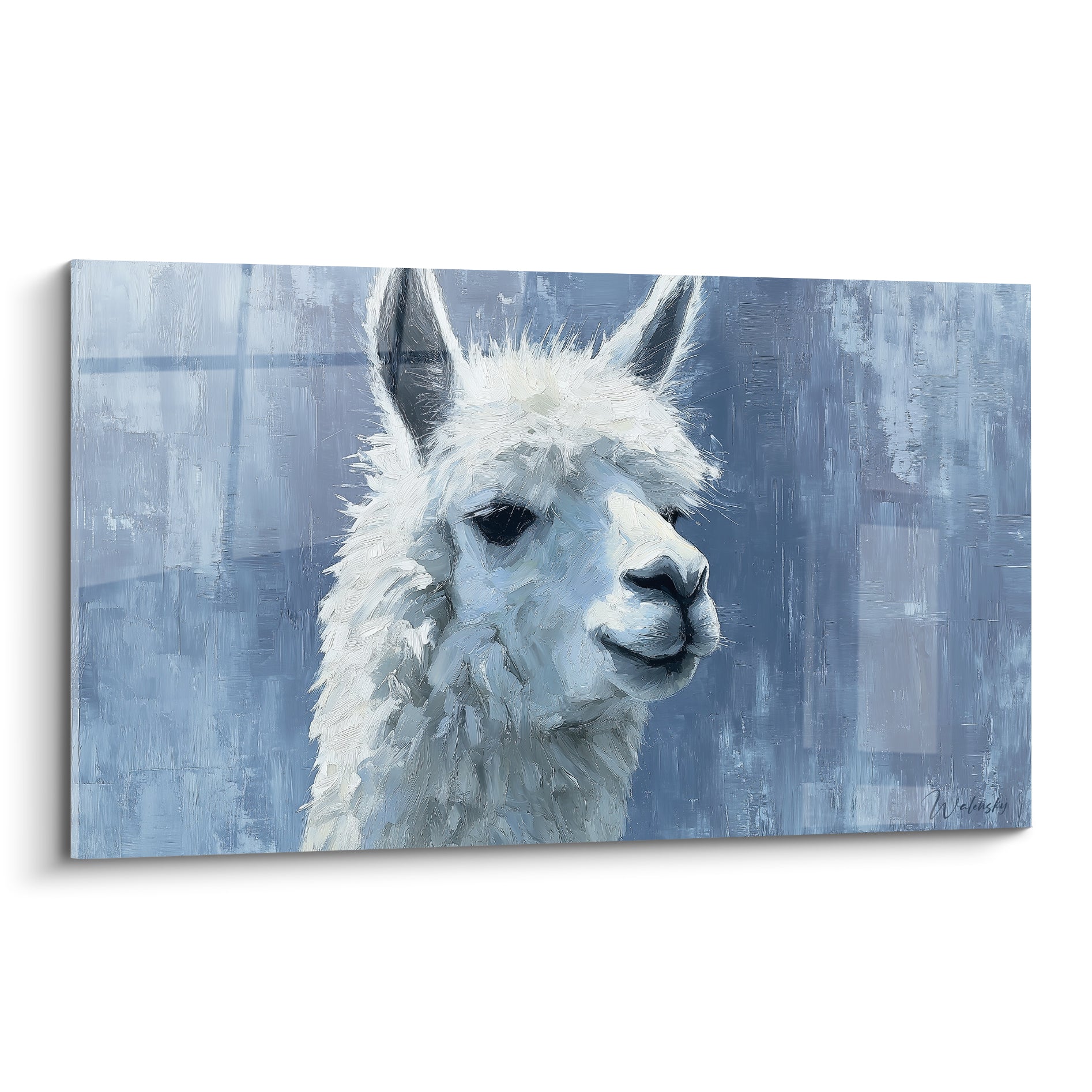 Lama blanc au museau détaillé peint en touches texturées sur fond bleu ardoise et gris