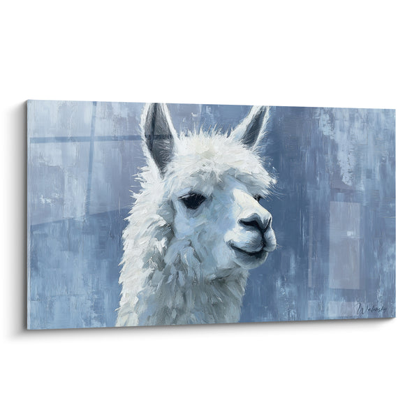 Tableau Lama blanc au fond bleu texturé - Curiosité tranquille - Edition Lama