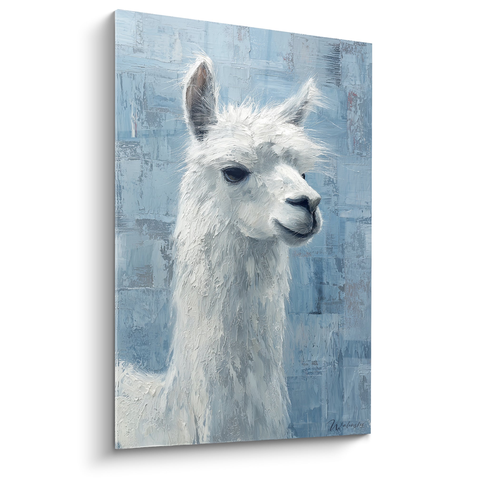 Lama blanc au regard doux, empâtements bleu ardoise et gris perle en toile peinte
